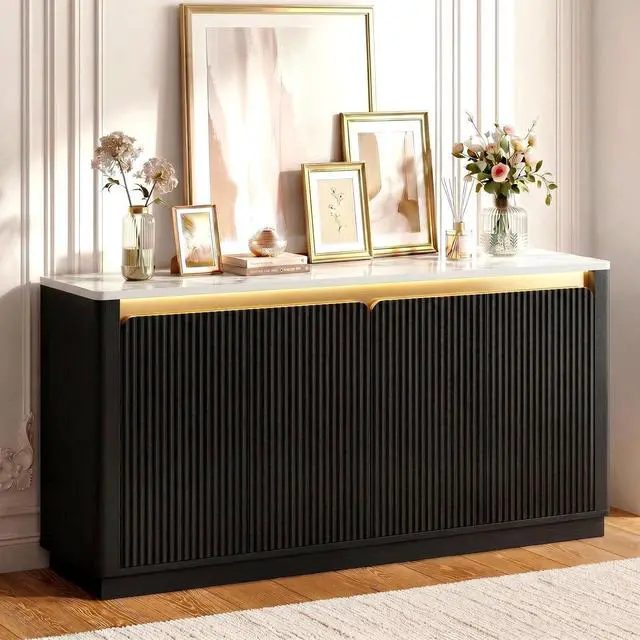 Main image of Sideboard Buffet Cabinet with LED Light & Faux Marble Top, Black