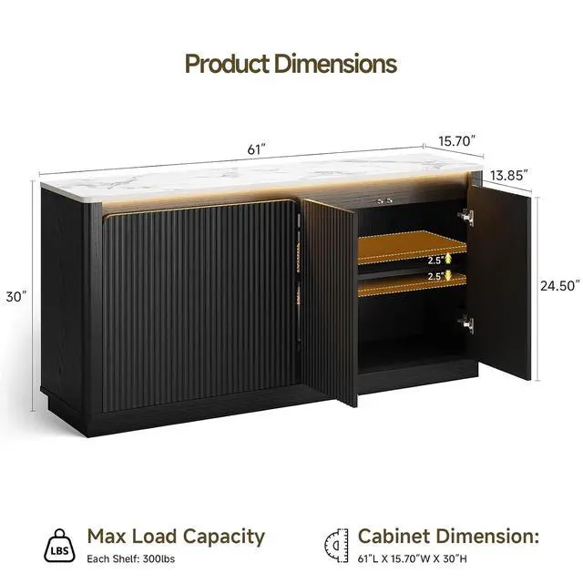 Alt view image 2 of 7 - Sideboard Buffet Cabinet with LED Light & Faux Marble Top, Black