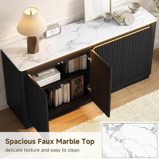 Alt view image 5 of 7 - Sideboard Buffet Cabinet with LED Light & Faux Marble Top, Black