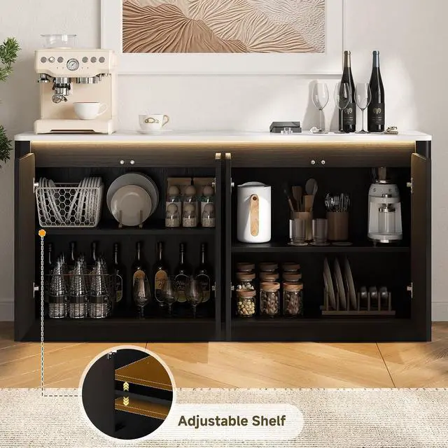 Alt view image 4 of 7 - Sideboard Buffet Cabinet with LED Light & Faux Marble Top, Black