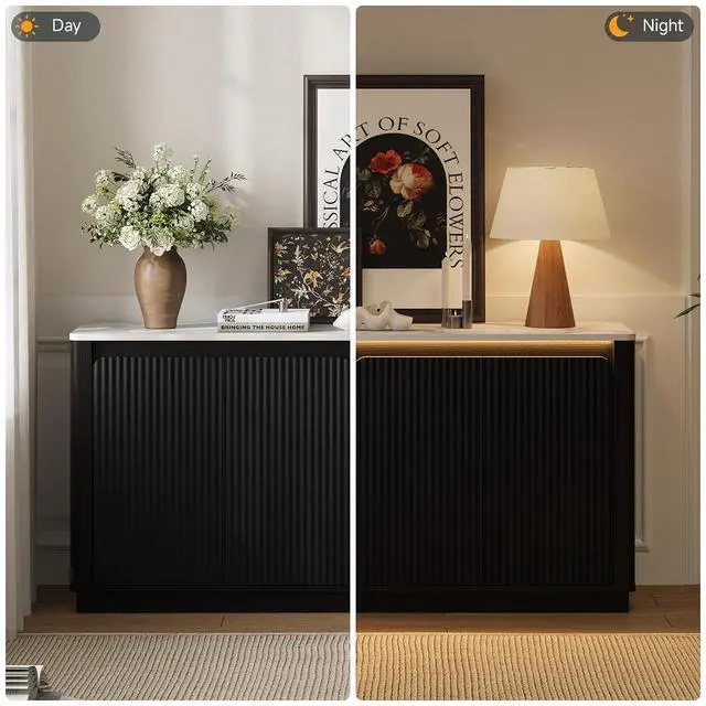 Alt view image 3 of 7 - Sideboard Buffet Cabinet with LED Light & Faux Marble Top, Black