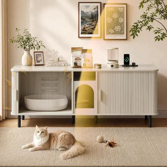Alt view image 3 of 7 - 65" Double Cat Litter Box Enclosure with Power Outlet, White