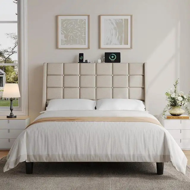 Alt view image 6 of 7 - Ergonomic Upholstered Full Size Headboard with Charging Station, Beige