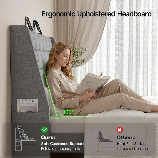 Alt view image 3 of 7 - Ergonomic Upholstered Queen Headboard wtih Charging Station, Grey