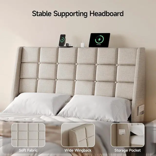 Alt view image 7 of 7 - Ergonomic Upholstered Full Size Headboard with Charging Station, Beige