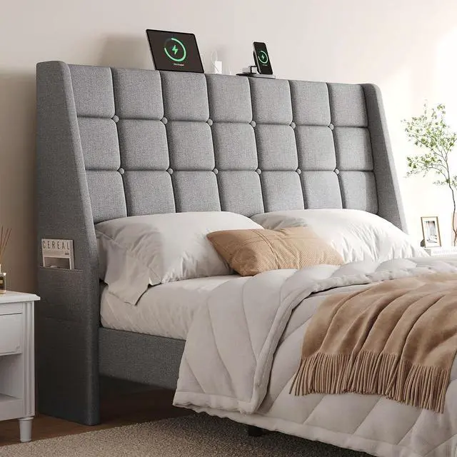 Main image of Ergonomic Upholstered Queen Headboard wtih Charging Station, Grey