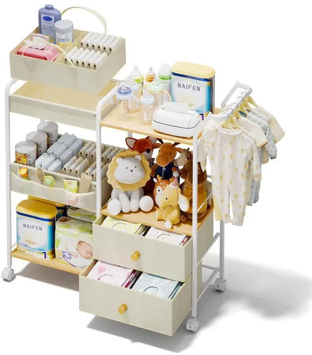 Main image of Diaper Caddy Organizer, Baby Storage Cart with Hanging Rack, Beige