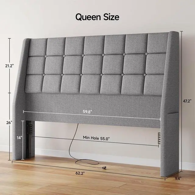 Alt view image 2 of 7 - Ergonomic Upholstered Queen Headboard wtih Charging Station, Grey
