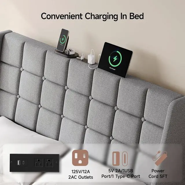 Alt view image 4 of 7 - Ergonomic Upholstered Queen Headboard wtih Charging Station, Grey
