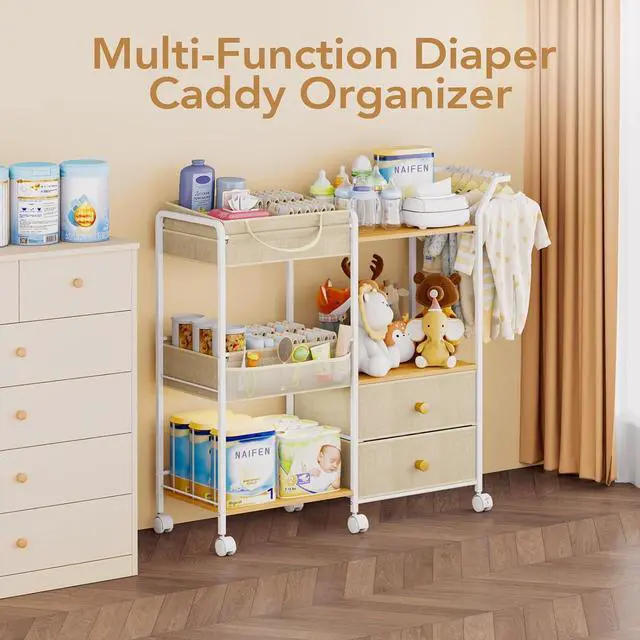 Alt view image 2 of 7 - Diaper Caddy Organizer, Baby Storage Cart with Hanging Rack, Beige