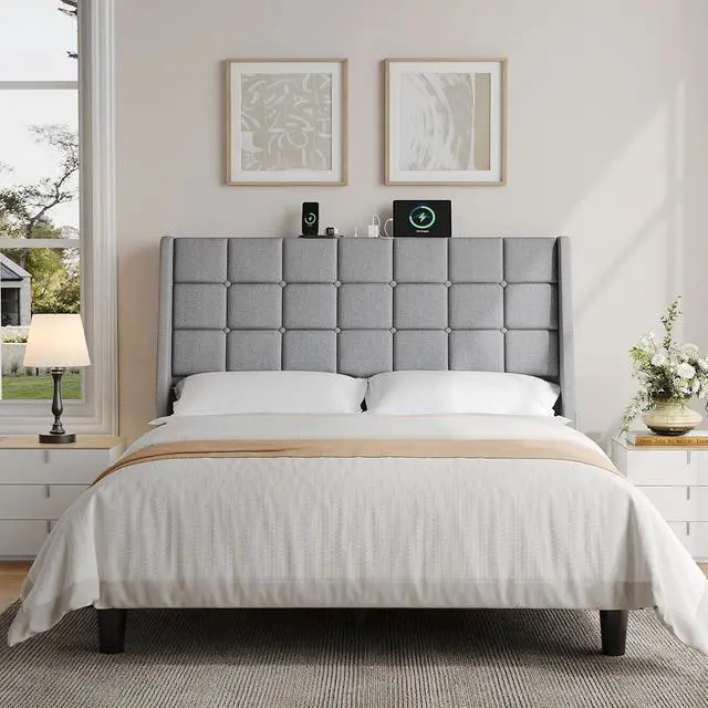 Alt view image 6 of 7 - Ergonomic Upholstered Queen Headboard wtih Charging Station, Grey