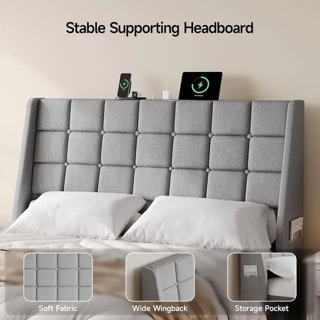 Alt view image 7 of 7 - Ergonomic Upholstered Queen Headboard wtih Charging Station, Grey