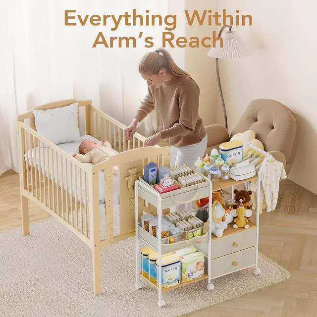 Alt view image 3 of 7 - Diaper Caddy Organizer, Baby Storage Cart with Hanging Rack, Beige