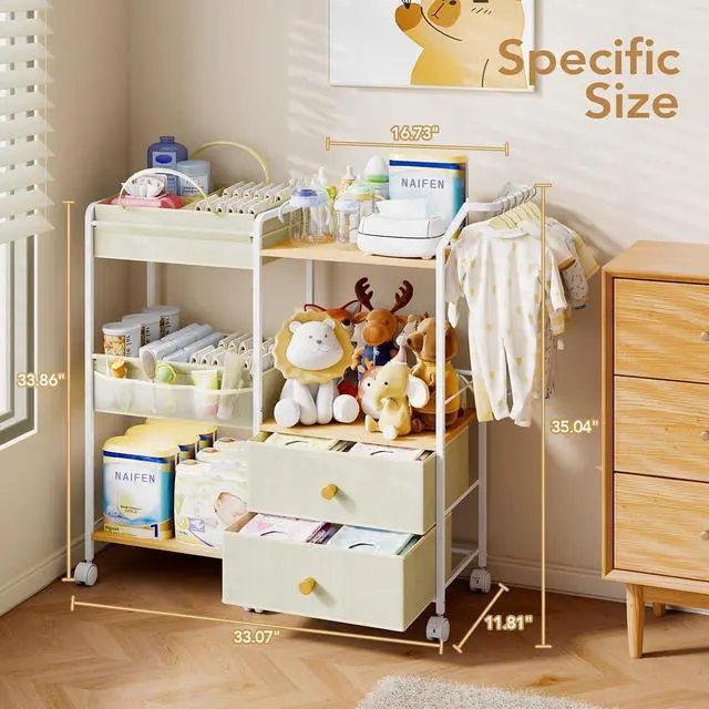 Alt view image 6 of 7 - Diaper Caddy Organizer, Baby Storage Cart with Hanging Rack, Beige