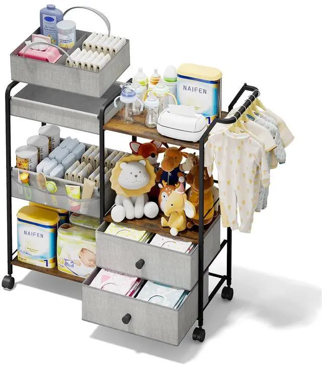 Main image of Diaper Caddy Organizer, Baby Storage Cart with Hanging Rack, Gray