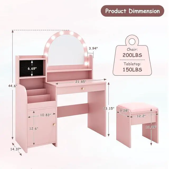 Alt view image 5 of 7 - Kids Vanity Table and Chair Set with Lights for Girls, Pink