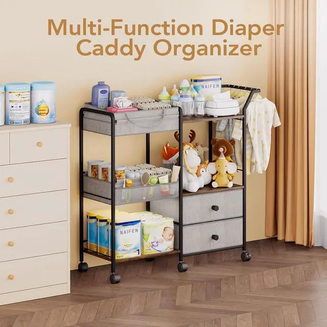 Alt view image 2 of 7 - Diaper Caddy Organizer, Baby Storage Cart with Hanging Rack, Gray