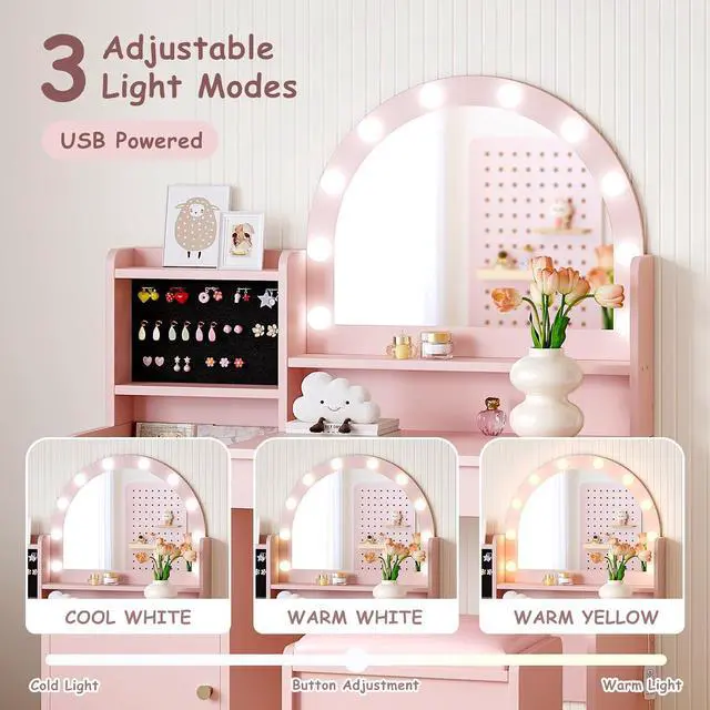 Alt view image 6 of 7 - Kids Vanity Table and Chair Set with Lights for Girls, Pink