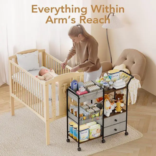 Alt view image 3 of 7 - Diaper Caddy Organizer, Baby Storage Cart with Hanging Rack, Gray