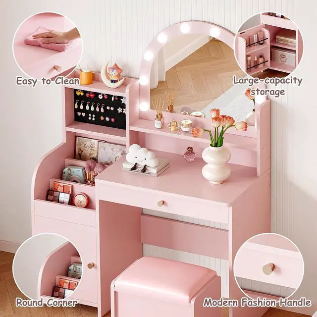 Alt view image 7 of 7 - Kids Vanity Table and Chair Set with Lights for Girls, Pink