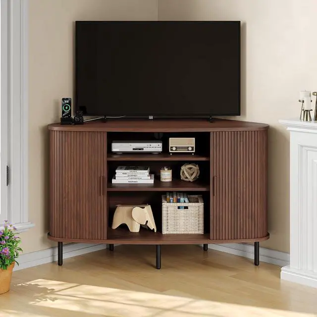 Main image of 47 Inch Fluted Corner TV Stand for 55 Inch TVs, Walnut