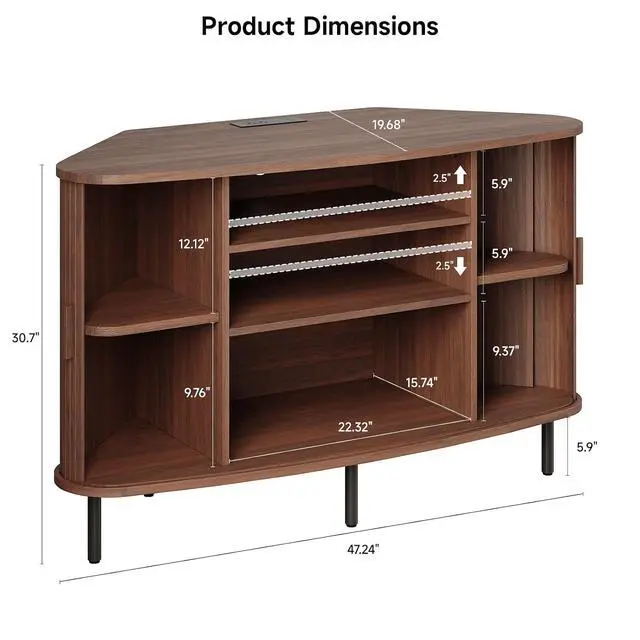 Alt view image 2 of 7 - 47 Inch Fluted Corner TV Stand for 55 Inch TVs, Walnut