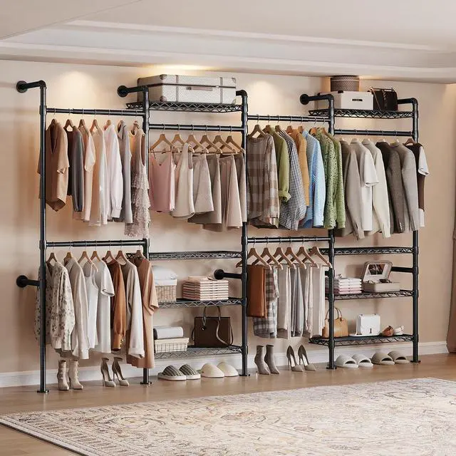 Main image of 4-Bay Wall-Mounted Closet System, Expandable Industrial Pipe Clothing Racks