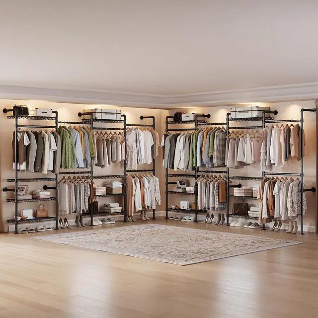 Alt view image 3 of 7 - 4-Bay Wall-Mounted Closet System, Expandable Industrial Pipe Clothing Racks
