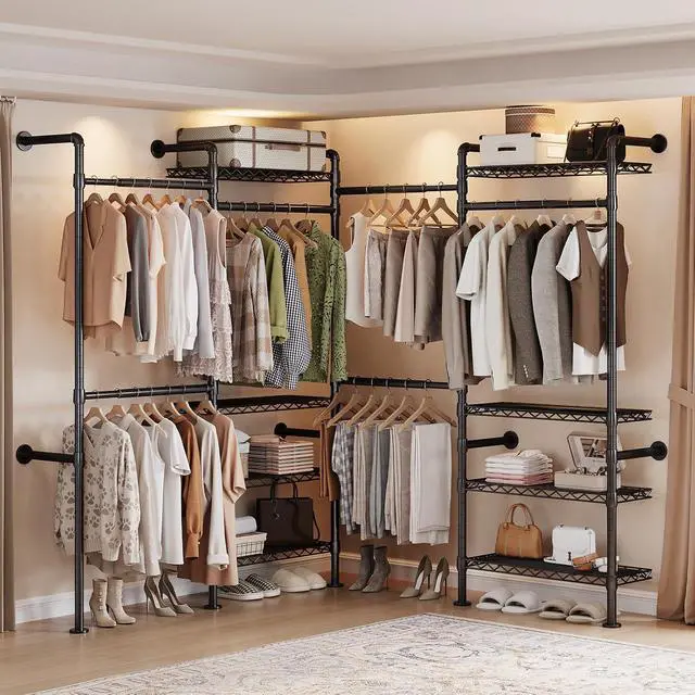 Alt view image 2 of 7 - 4-Bay Wall-Mounted Closet System, Expandable Industrial Pipe Clothing Racks