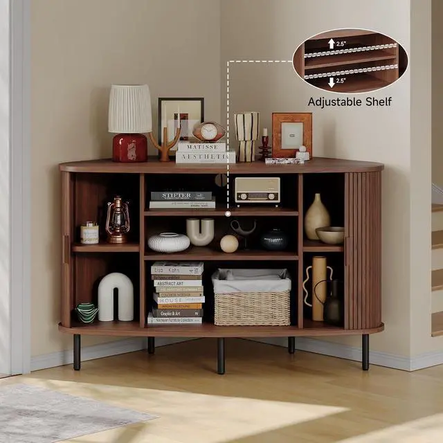 Alt view image 4 of 7 - 47 Inch Fluted Corner TV Stand for 55 Inch TVs, Walnut