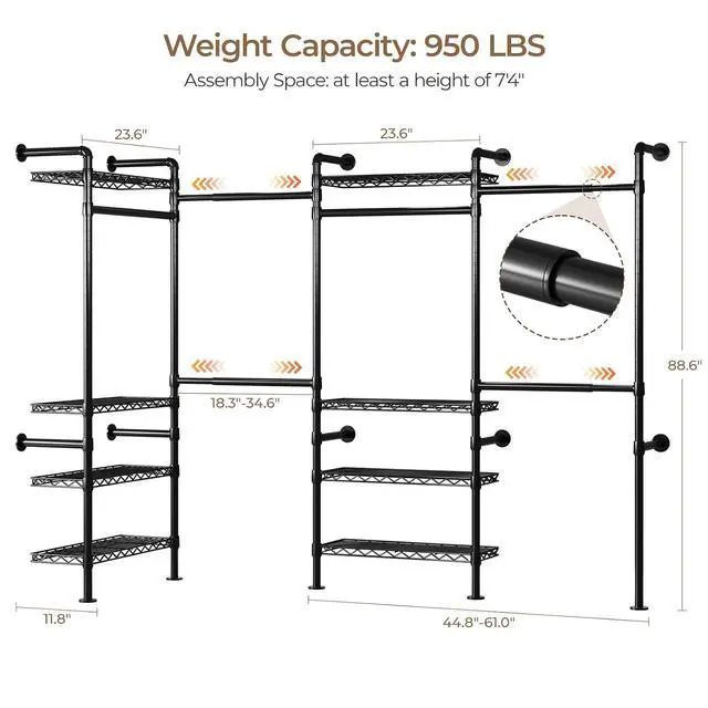 Alt view image 5 of 7 - 4-Bay Wall-Mounted Closet System, Expandable Industrial Pipe Clothing Racks
