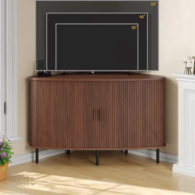 Alt view image 3 of 7 - 47 Inch Fluted Corner TV Stand for 55 Inch TVs, Walnut