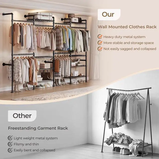 Alt view image 4 of 7 - 4-Bay Wall-Mounted Closet System, Expandable Industrial Pipe Clothing Racks