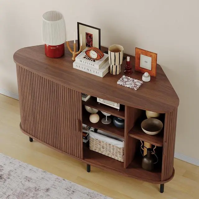 Alt view image 6 of 7 - 47 Inch Fluted Corner TV Stand for 55 Inch TVs, Walnut