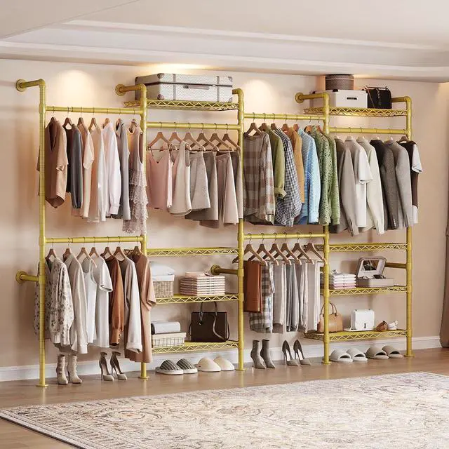 Main image of 4-Bay Wall-Mounted Closet System, Expandable Industrial Pipe Clothing Racks