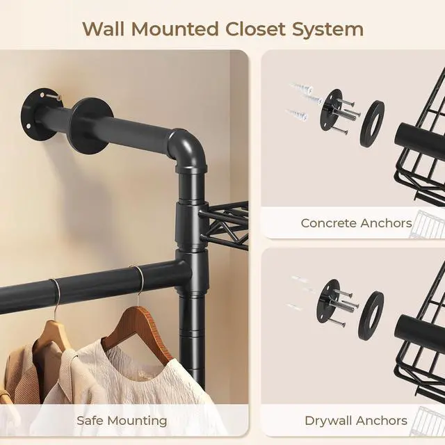 Alt view image 7 of 7 - 4-Bay Wall-Mounted Closet System, Expandable Industrial Pipe Clothing Racks