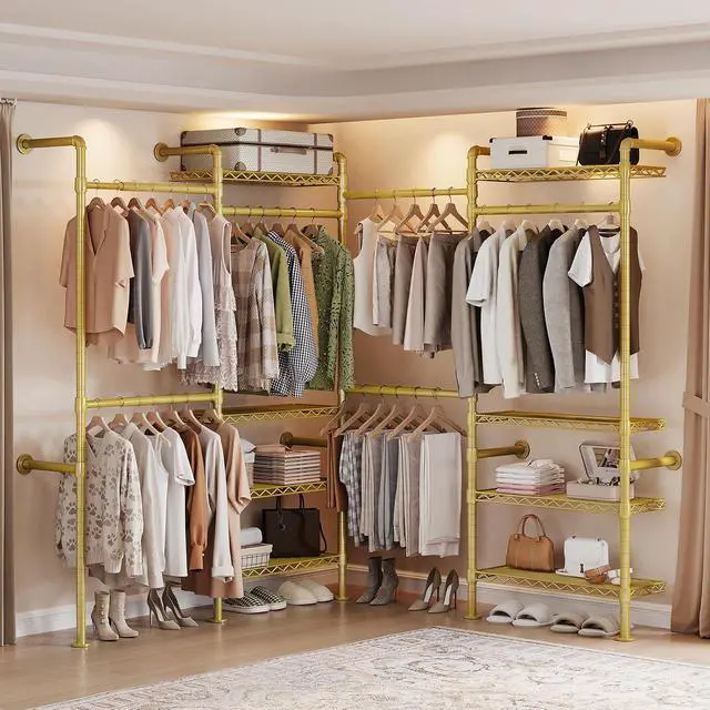 Alt view image 2 of 7 - 4-Bay Wall-Mounted Closet System, Expandable Industrial Pipe Clothing Racks