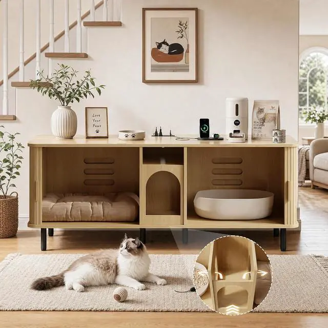 Alt view image 4 of 7 - 65" Double Cat Litter Box Enclosure with Power Outlet,Oak