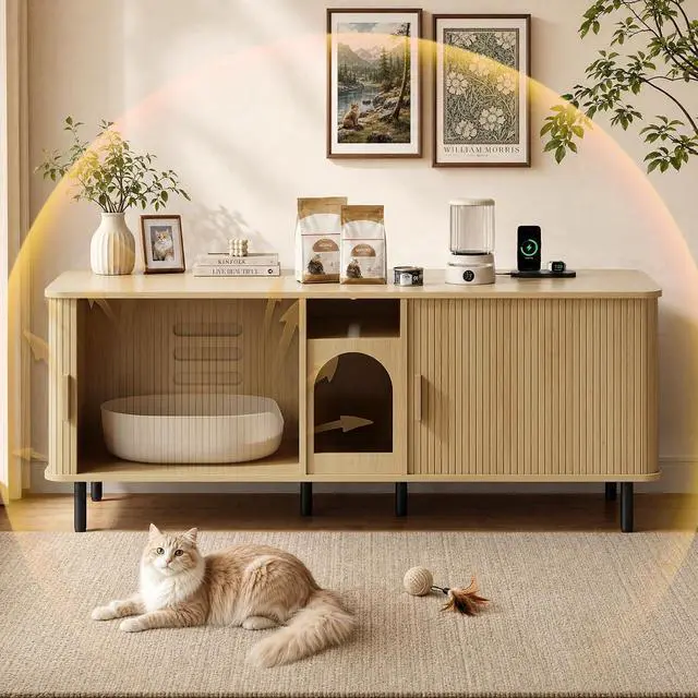 Alt view image 3 of 7 - 65" Double Cat Litter Box Enclosure with Power Outlet,Oak