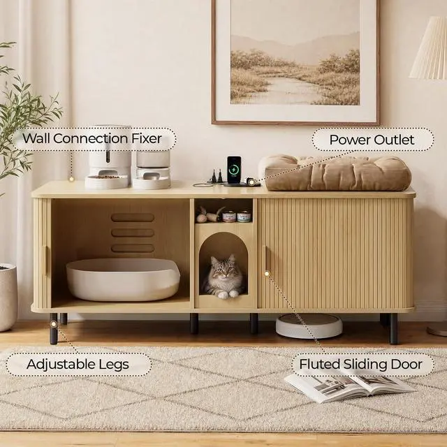 Alt view image 5 of 7 - 65" Double Cat Litter Box Enclosure with Power Outlet,Oak