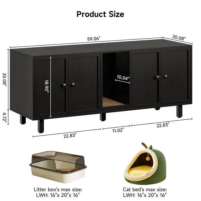 Alt view image 2 of 7 - 59 Inches Cat Litter Box Enclosure, Litter Box Furniture, Black