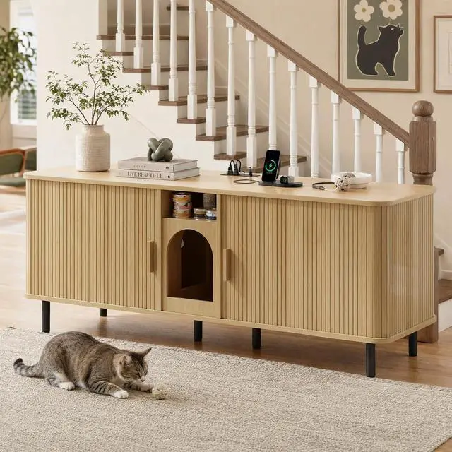 Alt view image 7 of 7 - 65" Double Cat Litter Box Enclosure with Power Outlet,Oak