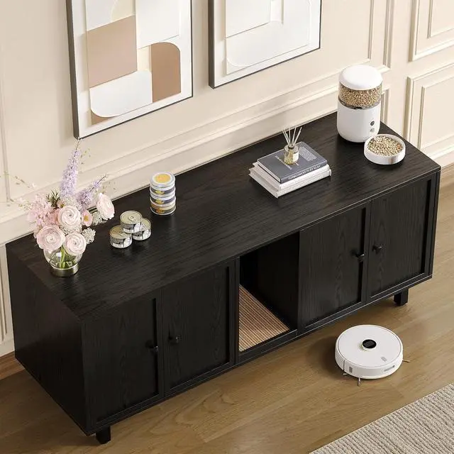 Alt view image 3 of 7 - 59 Inches Cat Litter Box Enclosure, Litter Box Furniture, Black