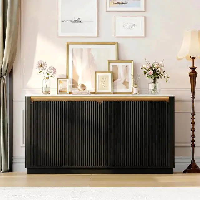 Alt view image 7 of 7 - Sideboard Buffet Cabinet with LED Light & Faux Marble Top, Black