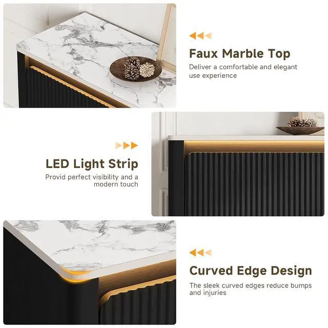 Alt view image 6 of 7 - Sideboard Buffet Cabinet with LED Light & Faux Marble Top, Black