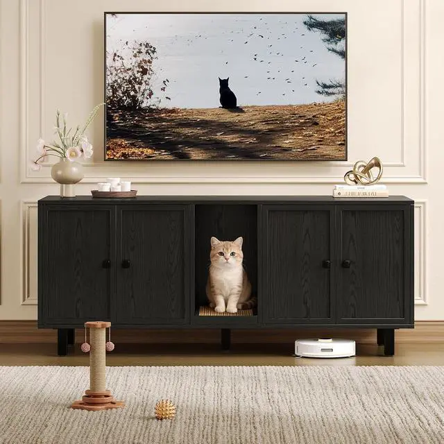Alt view image 5 of 7 - 59 Inches Cat Litter Box Enclosure, Litter Box Furniture, Black