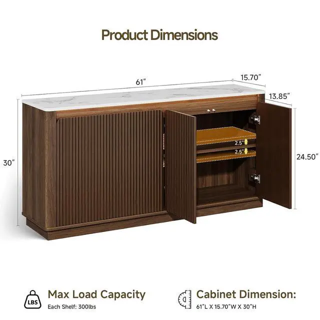 Alt view image 2 of 7 - Sideboard Buffet Cabinet with LED Light & Faux Marble Top, Walnut