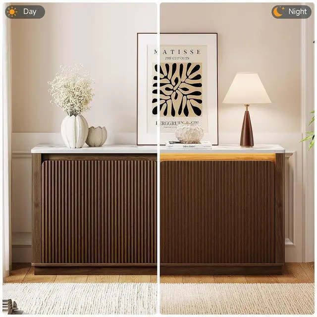 Alt view image 3 of 7 - Sideboard Buffet Cabinet with LED Light & Faux Marble Top, Walnut