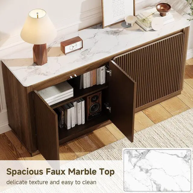 Alt view image 5 of 7 - Sideboard Buffet Cabinet with LED Light & Faux Marble Top, Walnut