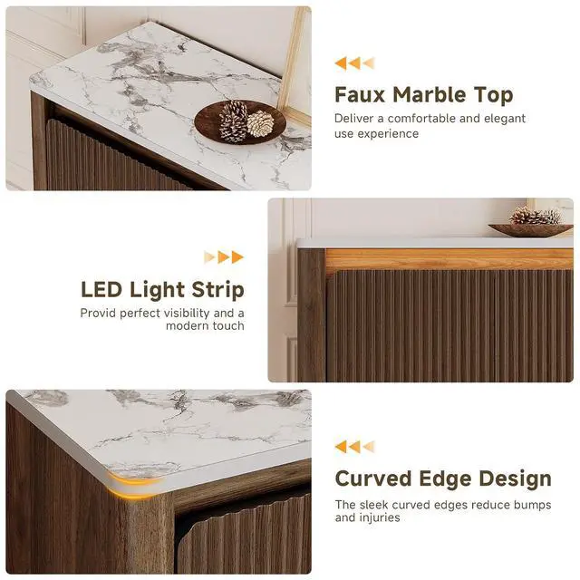 Alt view image 6 of 7 - Sideboard Buffet Cabinet with LED Light & Faux Marble Top, Walnut